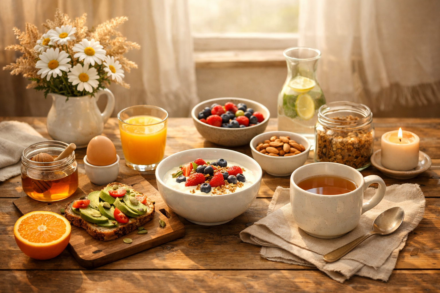 peaceful morning routine with healthy breakfast and natural ingredients on wooden table, soft daylight, warm tones, serene atmosphere