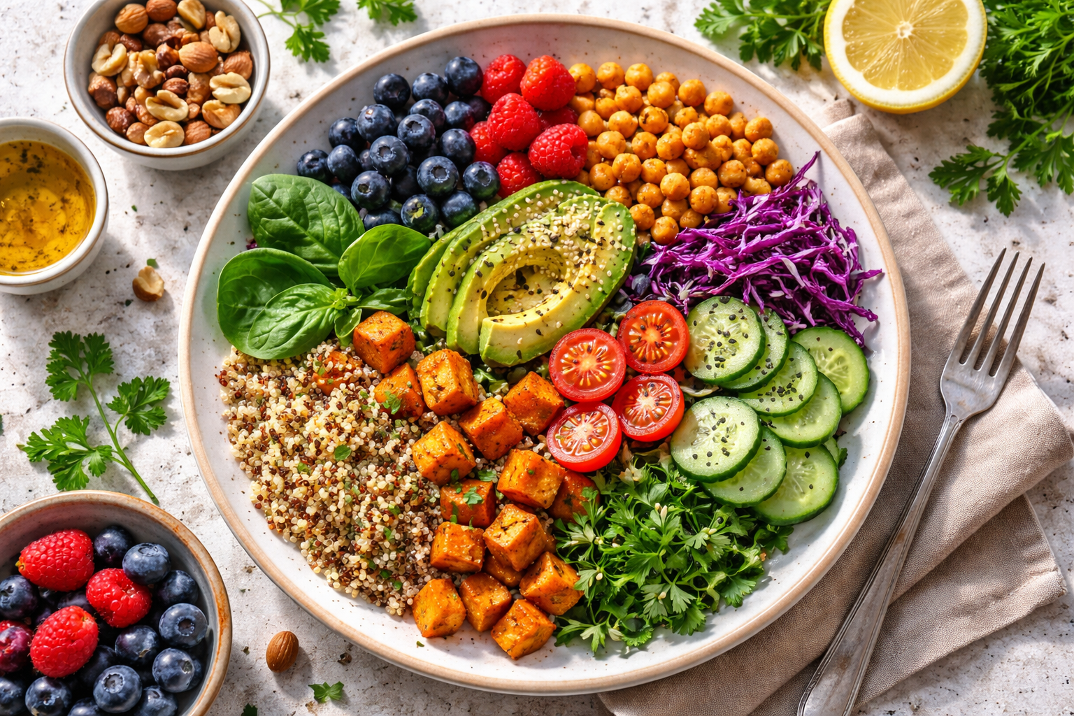 colorful healthy meal with vegetables, nuts, berries and whole grains on ceramic plate, natural light, top view, fresh ingredients